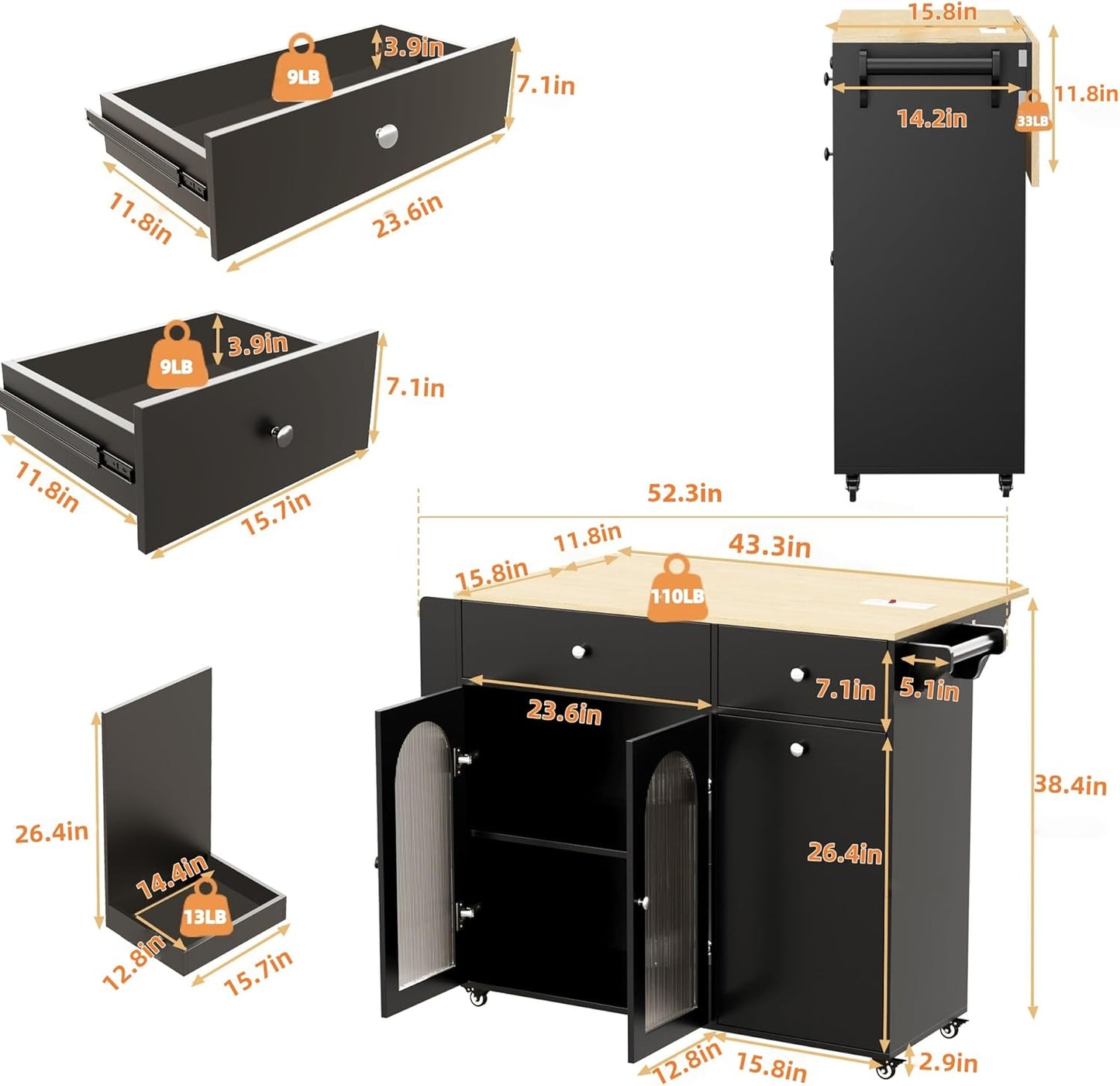 Kitchen Island with Drop Leaf & Power Outlet, Rolling Kitchen Island on Wheels with Trash Can Storage, Island Table Bar Cart with Spice Rack, Towel Rack, Drawers, Mobile Kitchen Carts on Wheels