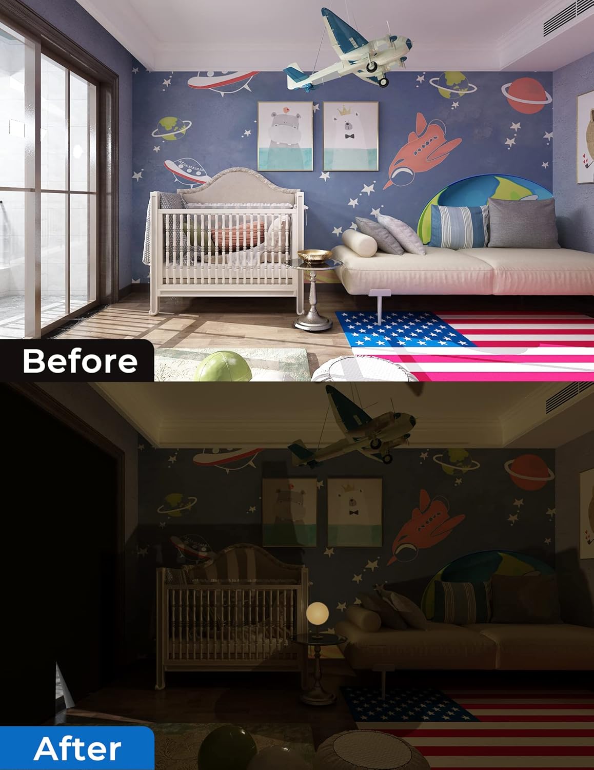 Sumobaby Blackout Curtains for Bedroom 108"x70"Portable Black Out Window Cover with Heat-Resistant Hook&Loop Tape,100% Blackout Shades No Drill Blinds for Windows DIY Cut Fit for Nursery,TV Room，Black