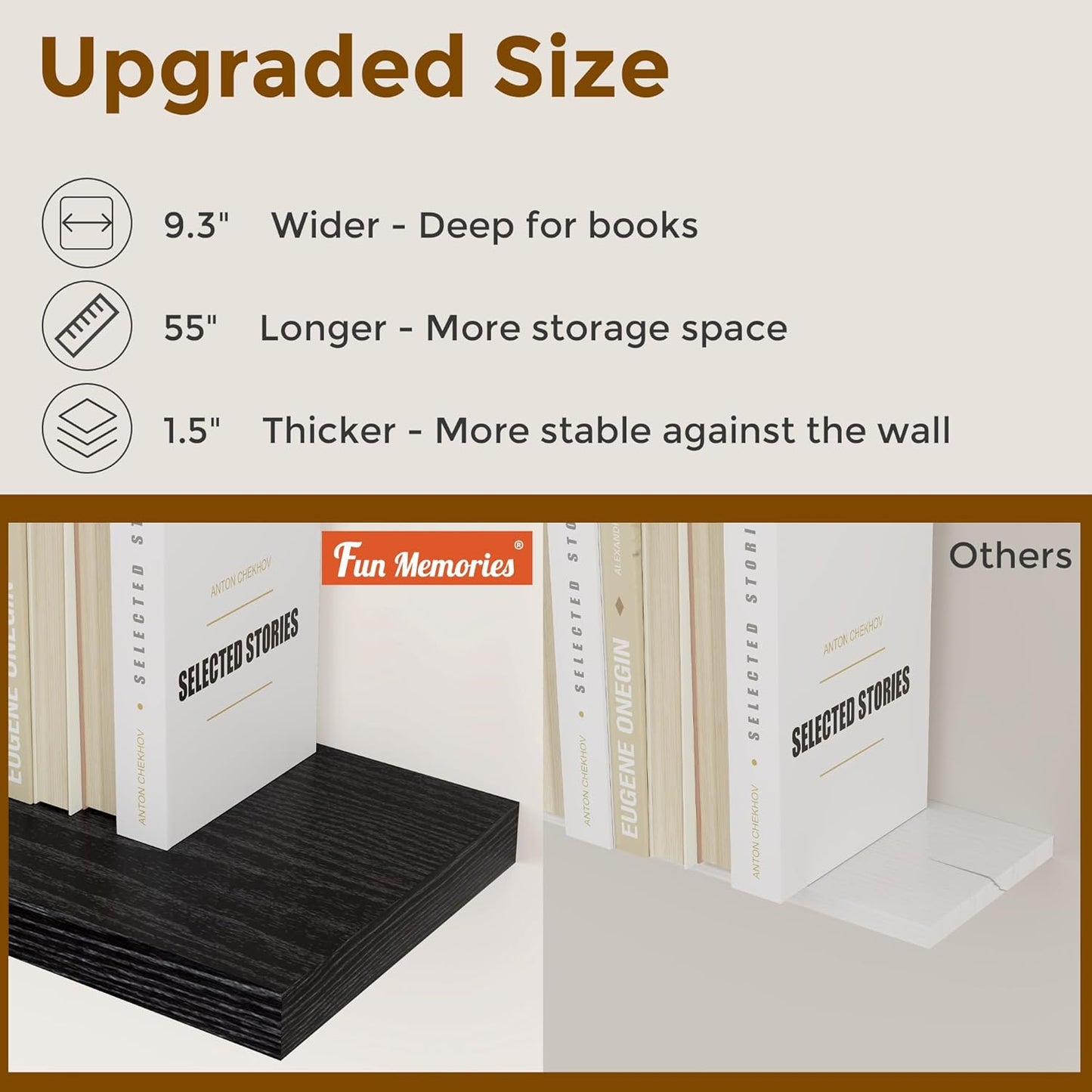 55 Inch Floating Shelves Black, Rustic Wood Floating Shelf Wall Mounted, 9 Inch Deep Floating Shelf for Kitchen, Bedroom, 55 x 9 Wall Shelves for Home Storage, Set of 1