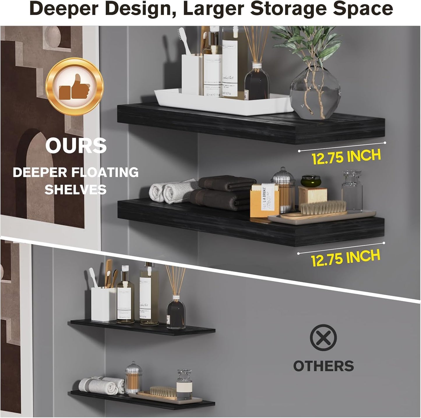 Large Floating Shelves for Wall Set of 3 Wooden Wall Shelves 36 in x 12.75 in x 2 in Room Decor Long Shelf with Invisible Wall Mount Bracket for Bedroom Kitchen Living Room Black Wood