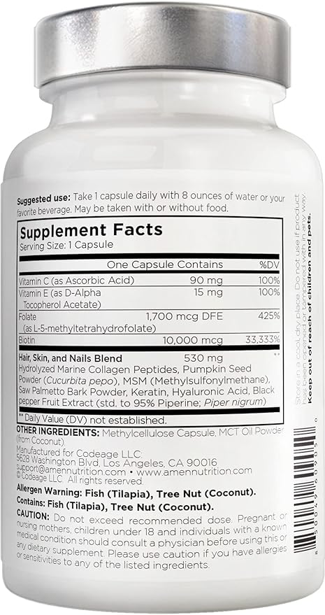 Amen Biotin Collagen Vitamins+ Advanced Hair, 10,000mcg Biotin, 3-Month Supply, 90 Capsules