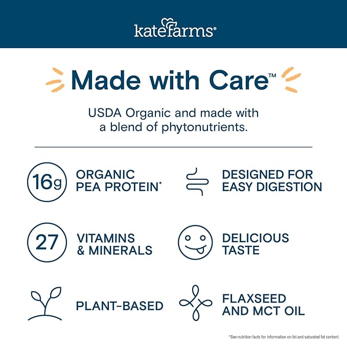 KATE FARMS Organic Nutrition Shake, Strawberry, 16g protein, 27 Vitamins 11 oz (6 Pack)
