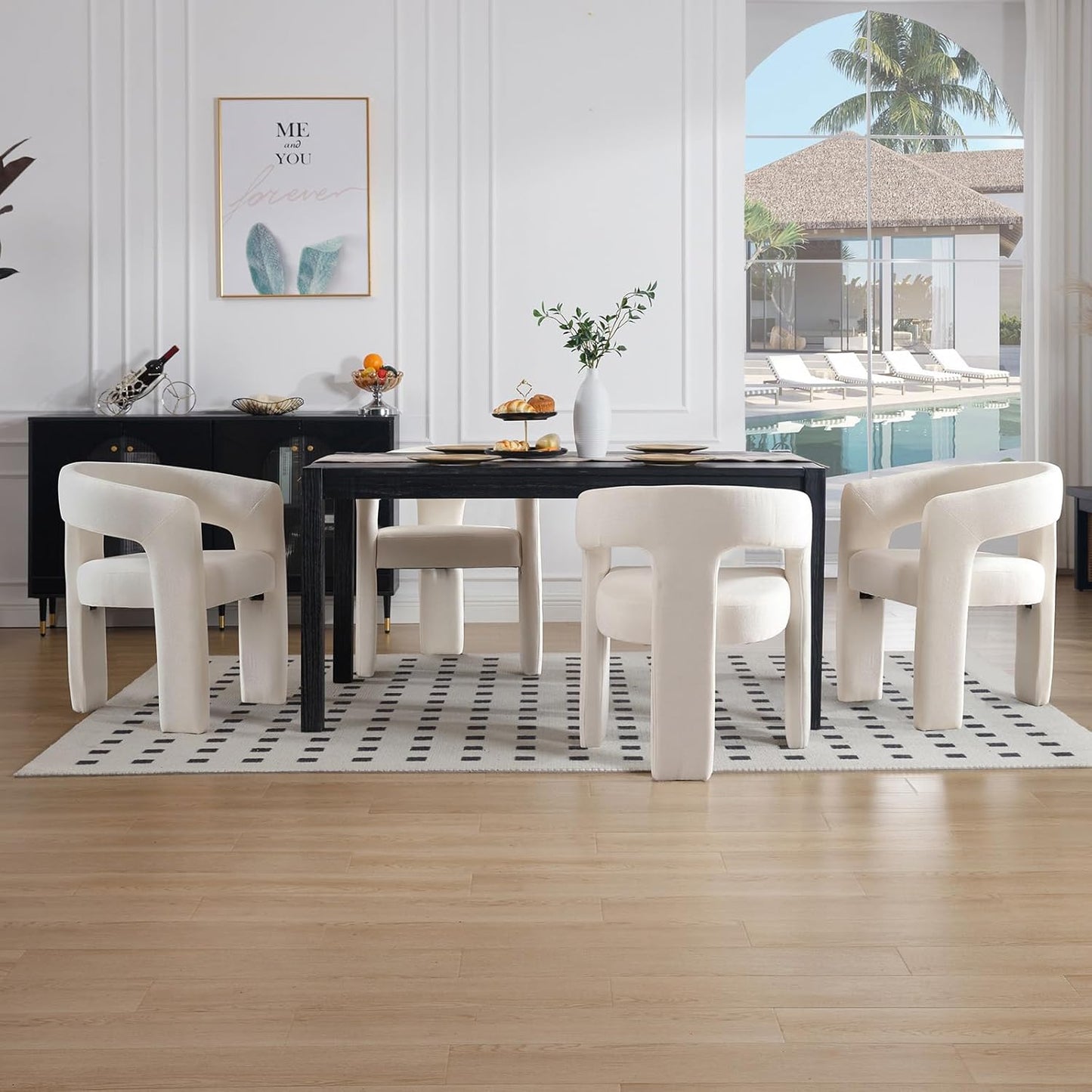 White Chenille Dining Chairs Set of 2, Modern Barrel Dining Room Chairs Upholstered Accent Chair with Arms and Round Back for Living Room Kitchen Armchair No Assembly Needed