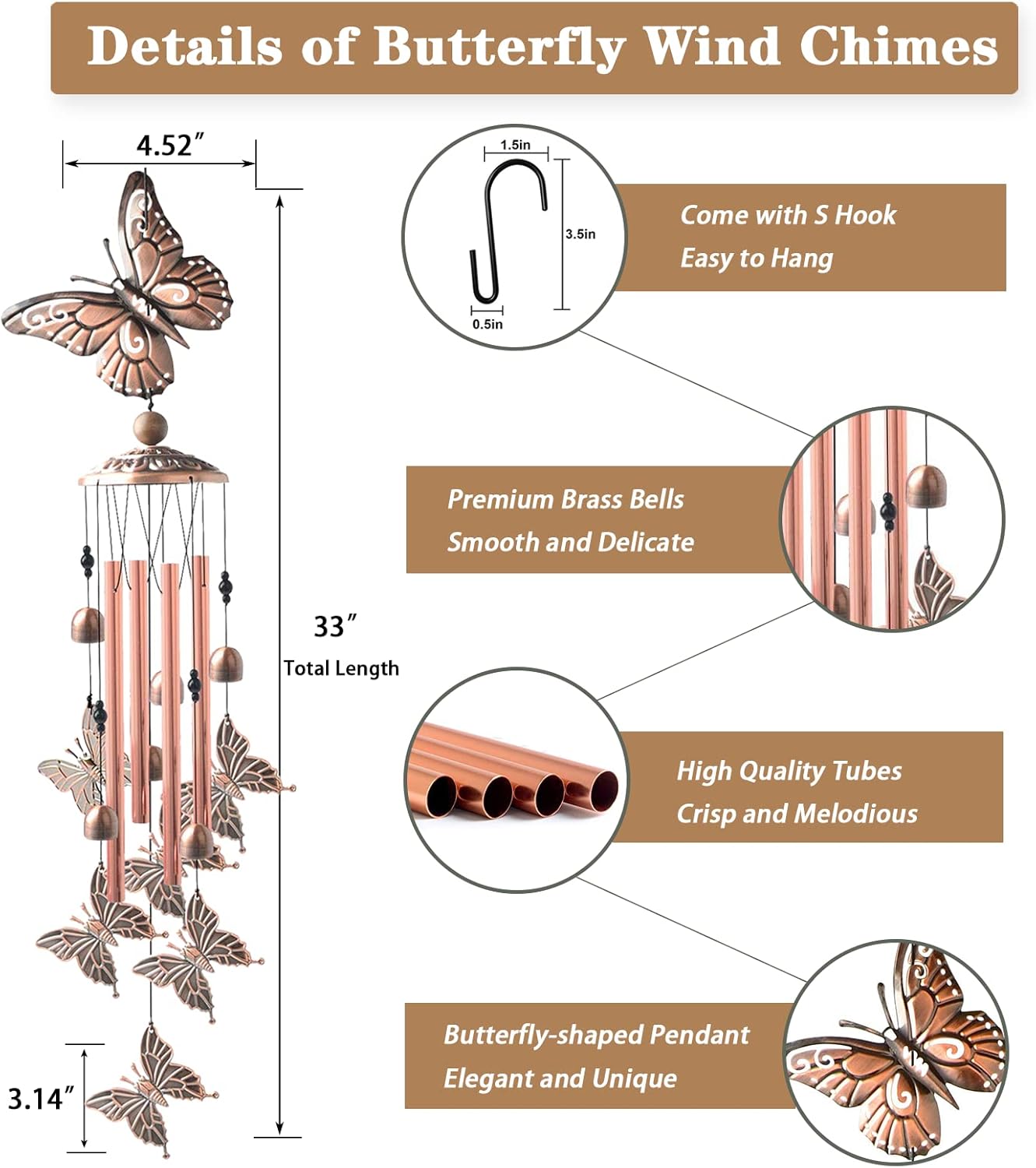 Wind Chimes for Outside, 33" Butterfly Wind Chimes Outdoor, Birthday Gifts for Women Mom Sister, Gift for Garden Porch Patio Home Decor (Golden)