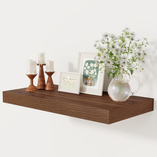 12 Inch Deep Floating Shelves, 24 x 12 Floating Shelf for Books, Rustic Wood Deep Wall Shelves for Home Storage & Display, 2" Thicked Shelves for Kitchen, Living Room, Bedroom, Walnut Color, 1 Pack
