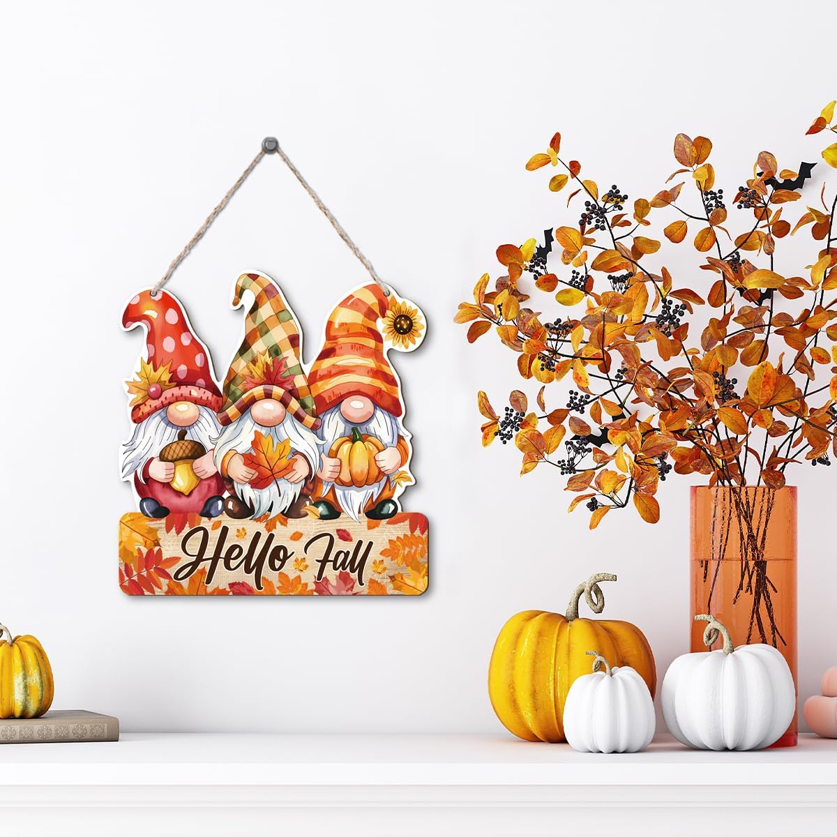 Hello Fall Wood Hanging Gnome Decoration, Autumn Wooden Signs, Rustic Thanksgiving Decoration, Home Interior And Exterior Decor, Autumn Harvest Thanksgiving Home Decor