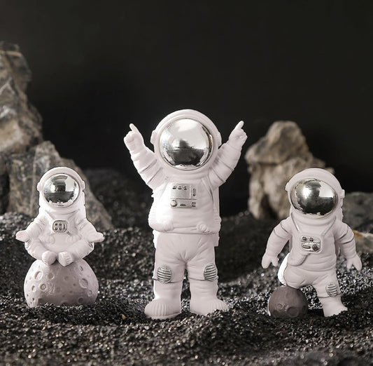 3 Pcs Silver White Astronaut Statues Set, Spaceman Sculpture Figurines Home Ornament Cake Toppers Gift