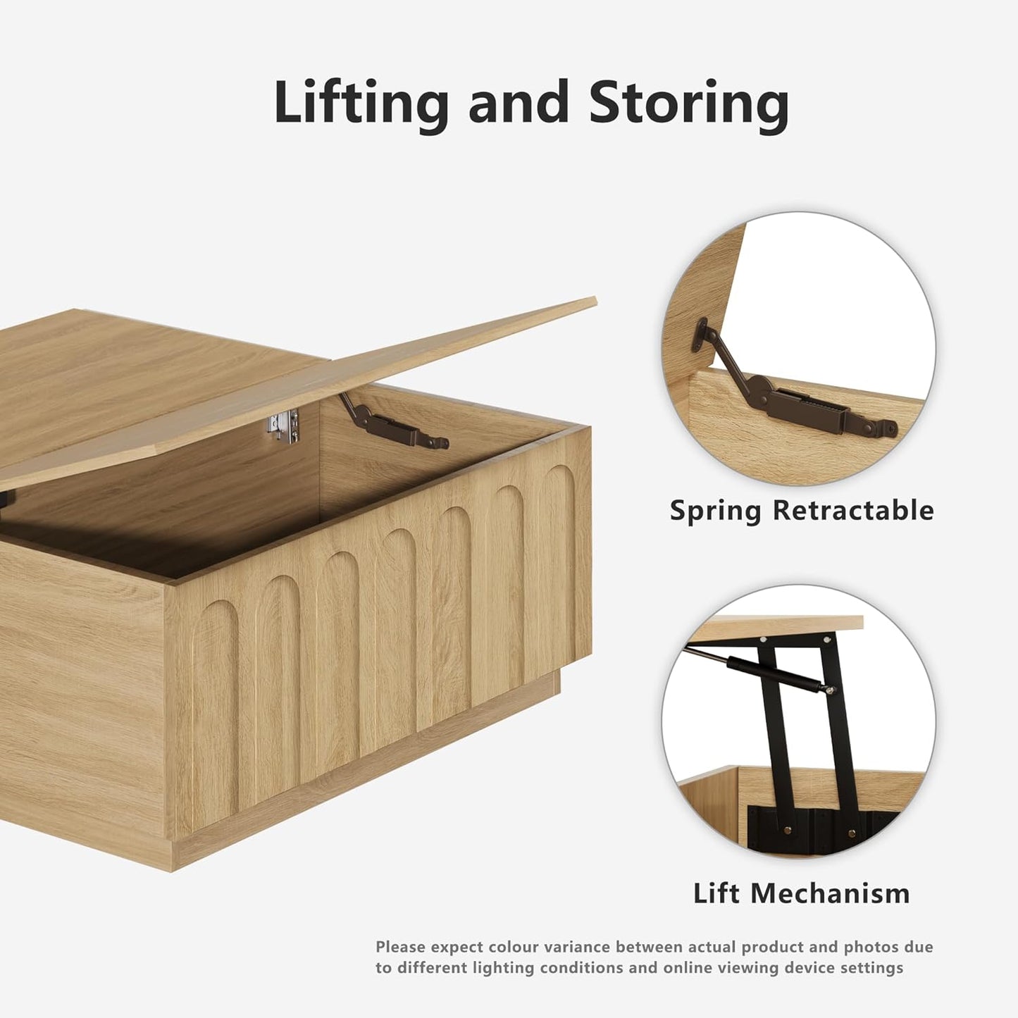 Lift Top Coffee Table with Storage, Modern Coffee Table with Arched Design, 31.5" Square Tea Table with Wood Grain, Boho Multifunctional Center Table for Living Room, Office, Oak