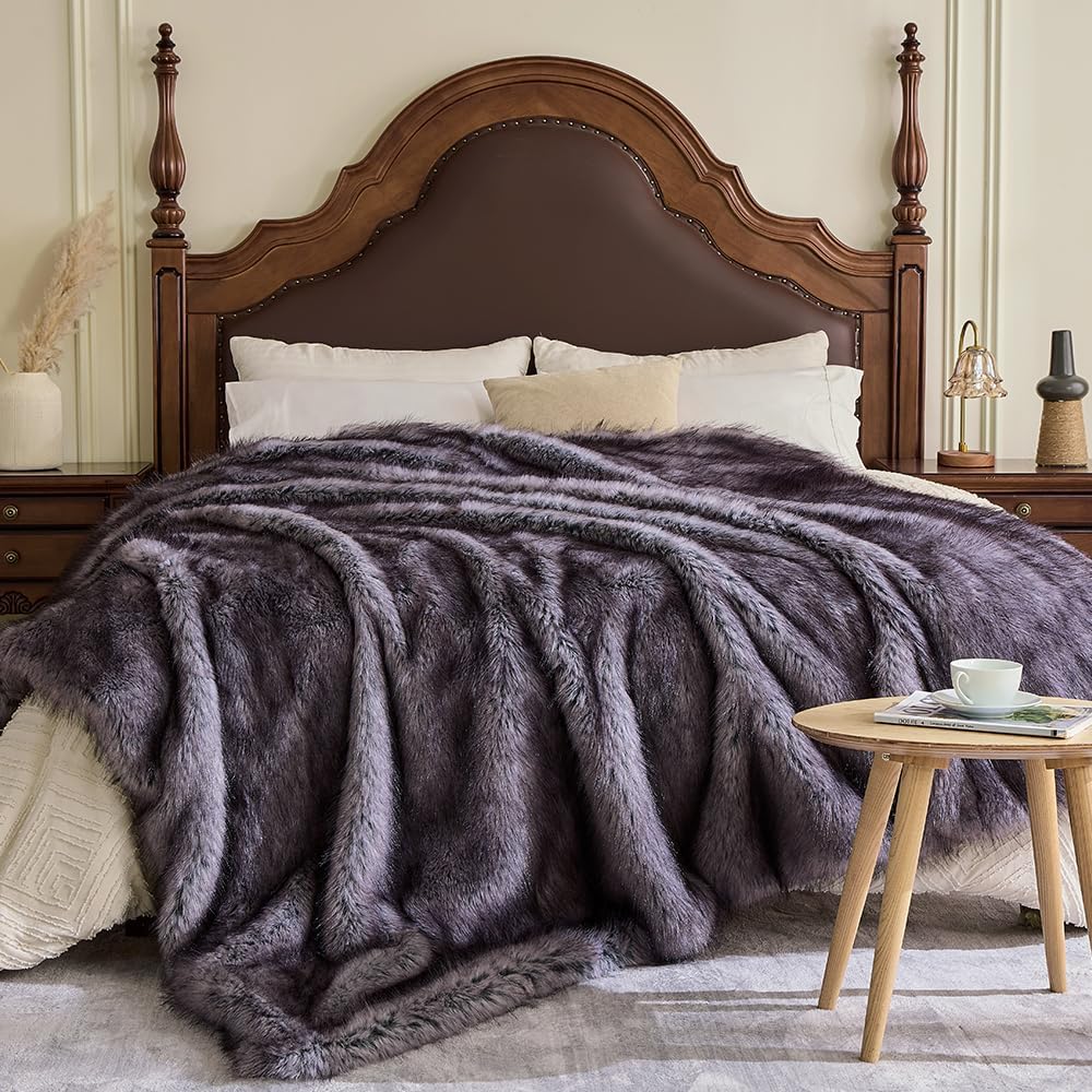 Fluffy Faux Fur Throw Blanket – Super Soft Warm Thick Plush Blanket for Bed, Couch & Office, Cozy Fuzzy Throw with Flannel Backing,60"x80", Grey