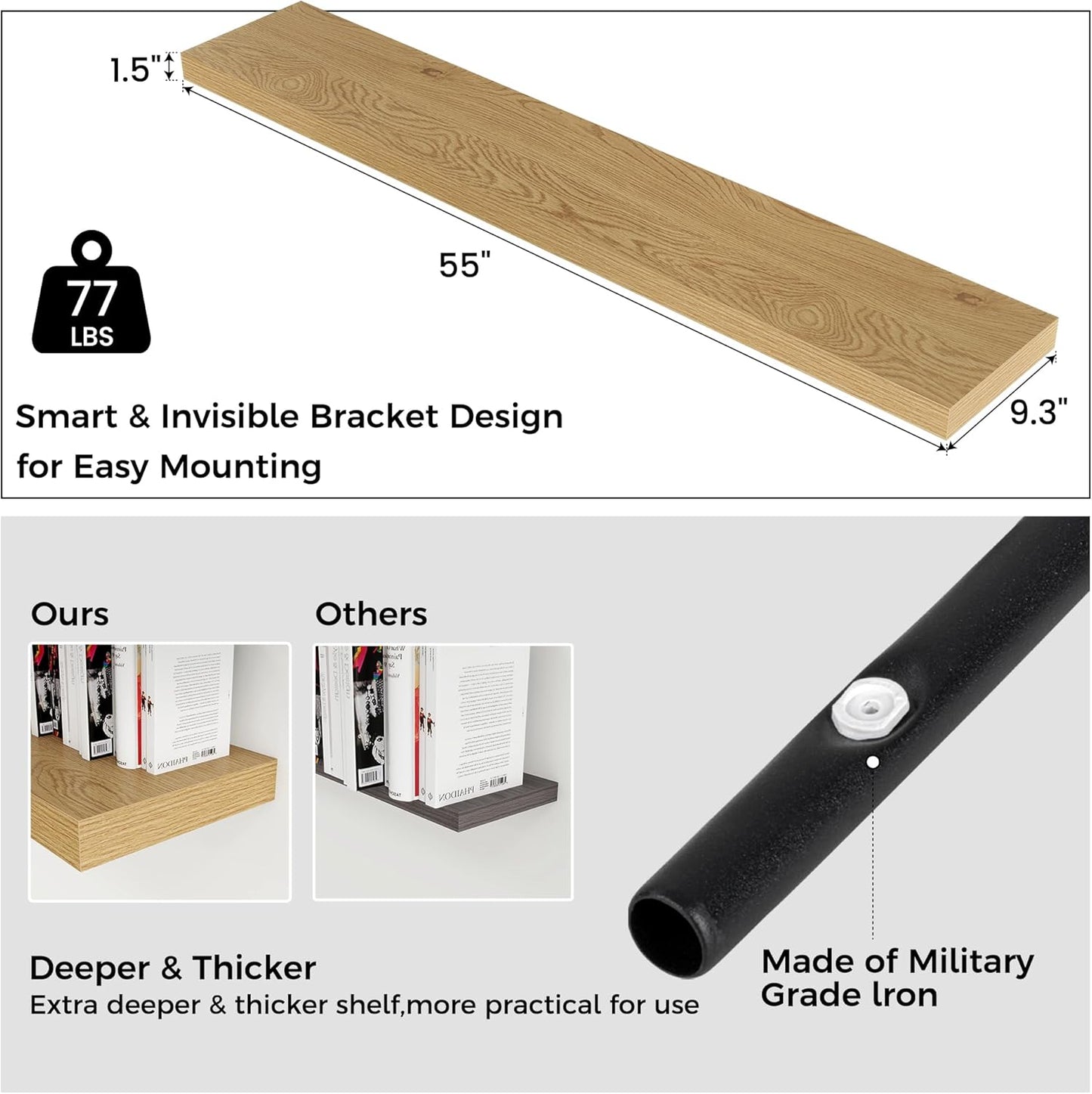 Floating Shelves for Wall, Large Wall Mounted Shelves with Invisible Brackets, Long Wood Floating Shelf for Living Room, Bedroom, Kitchen, Bathroom (Oak, 55" W x 9" D x 1.5" H)