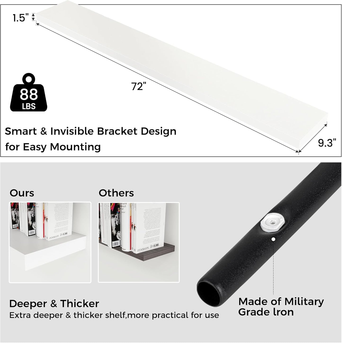 Floating Shelves for Wall, Large Wall Mounted Shelves with Invisible Brackets, Long Wood Floating Shelf for Living Room, Bedroom, Kitchen, (White, 72" W x 9" D x 1.5" H)