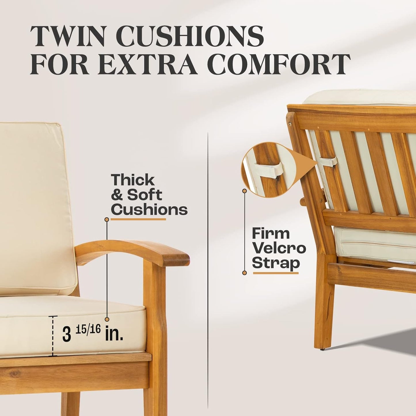 IDZO Laurent Accent Chairs, 500lbs Support, Acacia Wood, Set of 2, FSC Teak Finish, 3.9in Cushions, Ideal for Garden or Porch, Beige