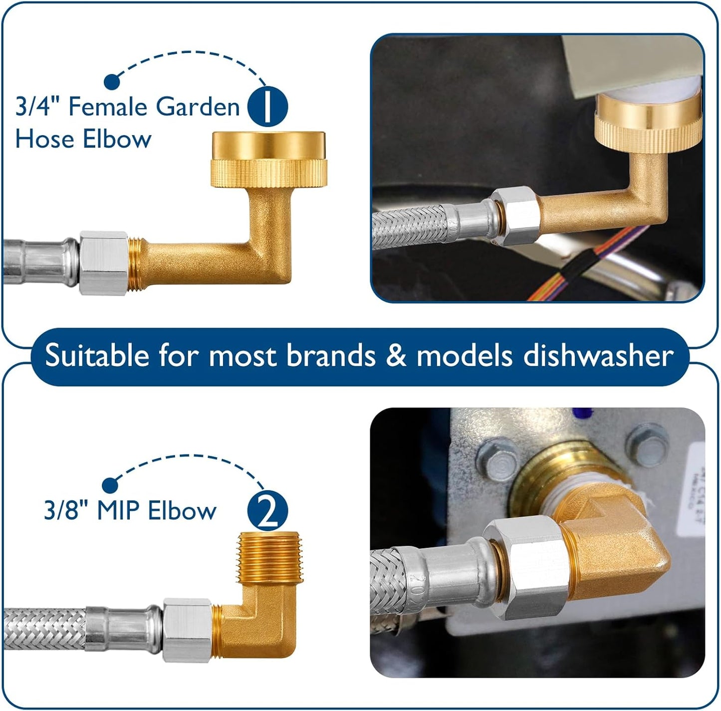 Dishwasher Installation Kit - 6 FT Stainless Steel Braided Dishwasher Hose kit,Food Grade PEX Inner Tube Water Line with 3/8"x 3/8"x 3/8" Tee Stop Valve,3/8"x 3/8"MIP Elbow,3/8"x 3/4"FHT Elbow