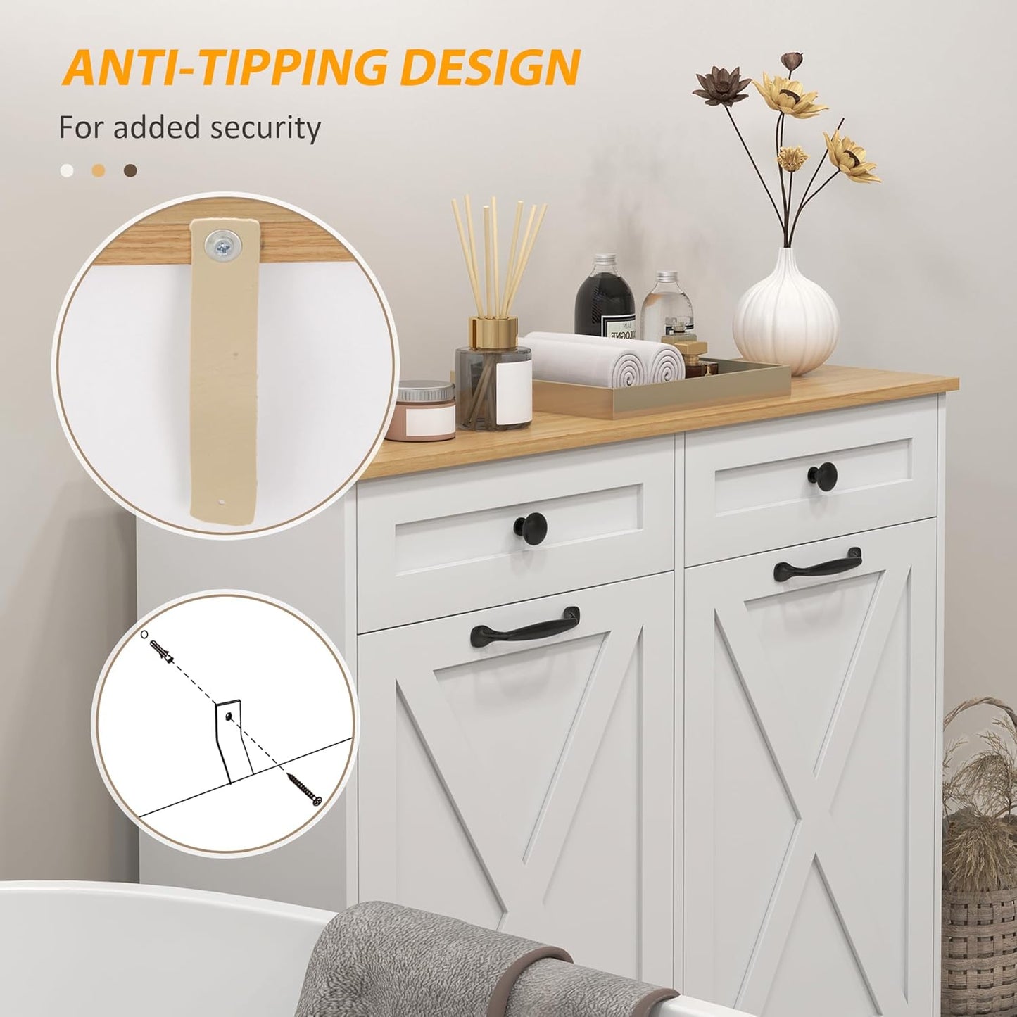 HOMCOM Tilt Out Laundry Hamper Cabinet with 2 Removable Baskets, Freestanding Bathroom Storage Cabinet with 2 Drawers, Trash Can Cabinet for Living Room, Laundry Room, White