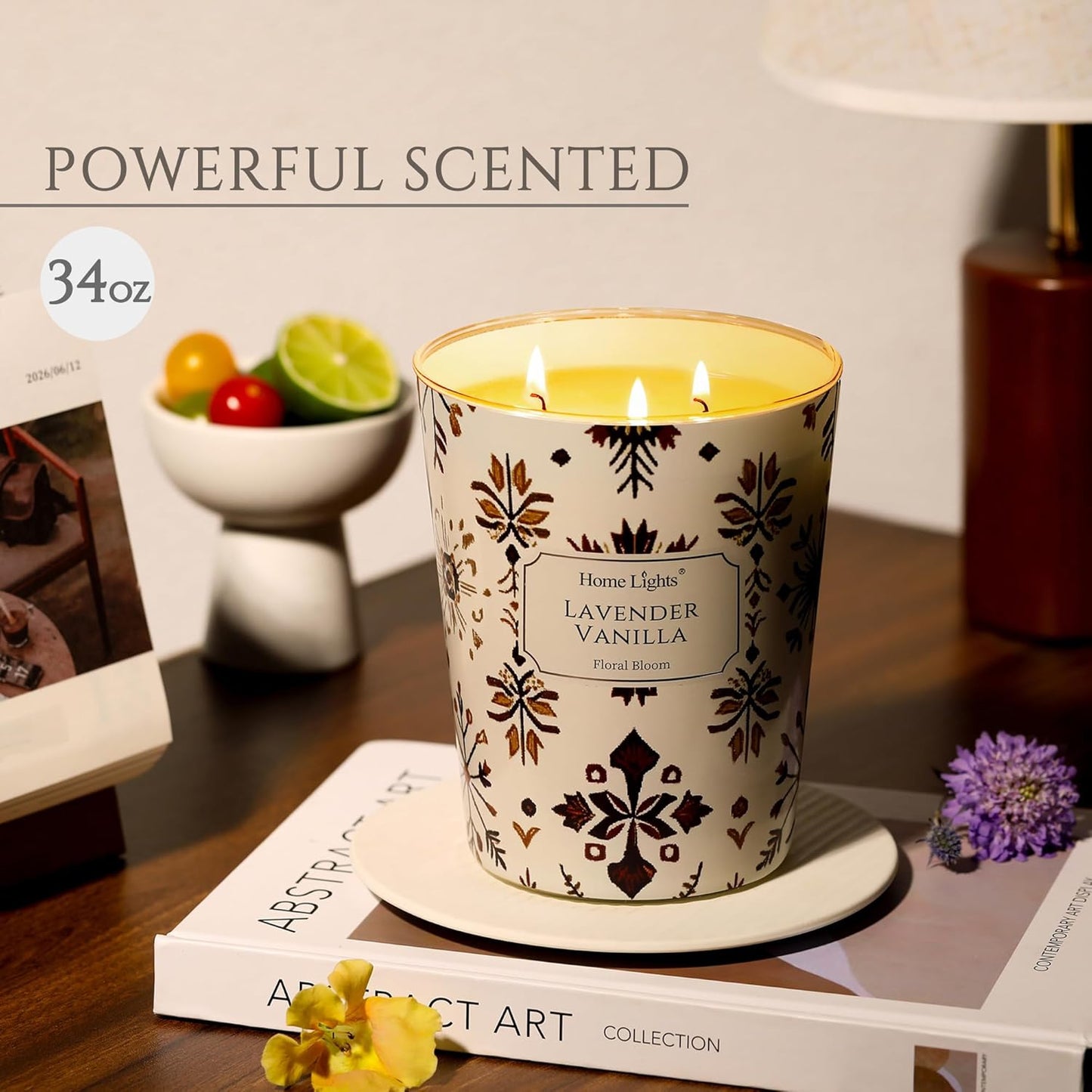 HomeLights Large jar Candle | 3-Wick Long-Lasting Scented Candles, 34oz Natural Soy Wax Candle for Home Scented, Bohemian Natural Textures Gifts for Women & Men, Lavender Vanilla