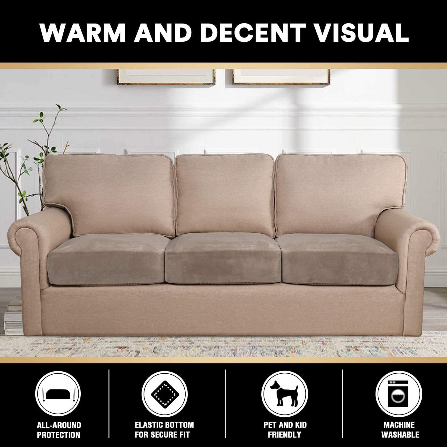 PrinceDeco Velvet Stretch Couch Cushion Cover Soft Cushion Slipcover for Chair Loveseat Sofa Cushion Furniture Protector Seat Cushion Sofa Cover (3 Piece XL Sofa Cushion Covers, Taupe)