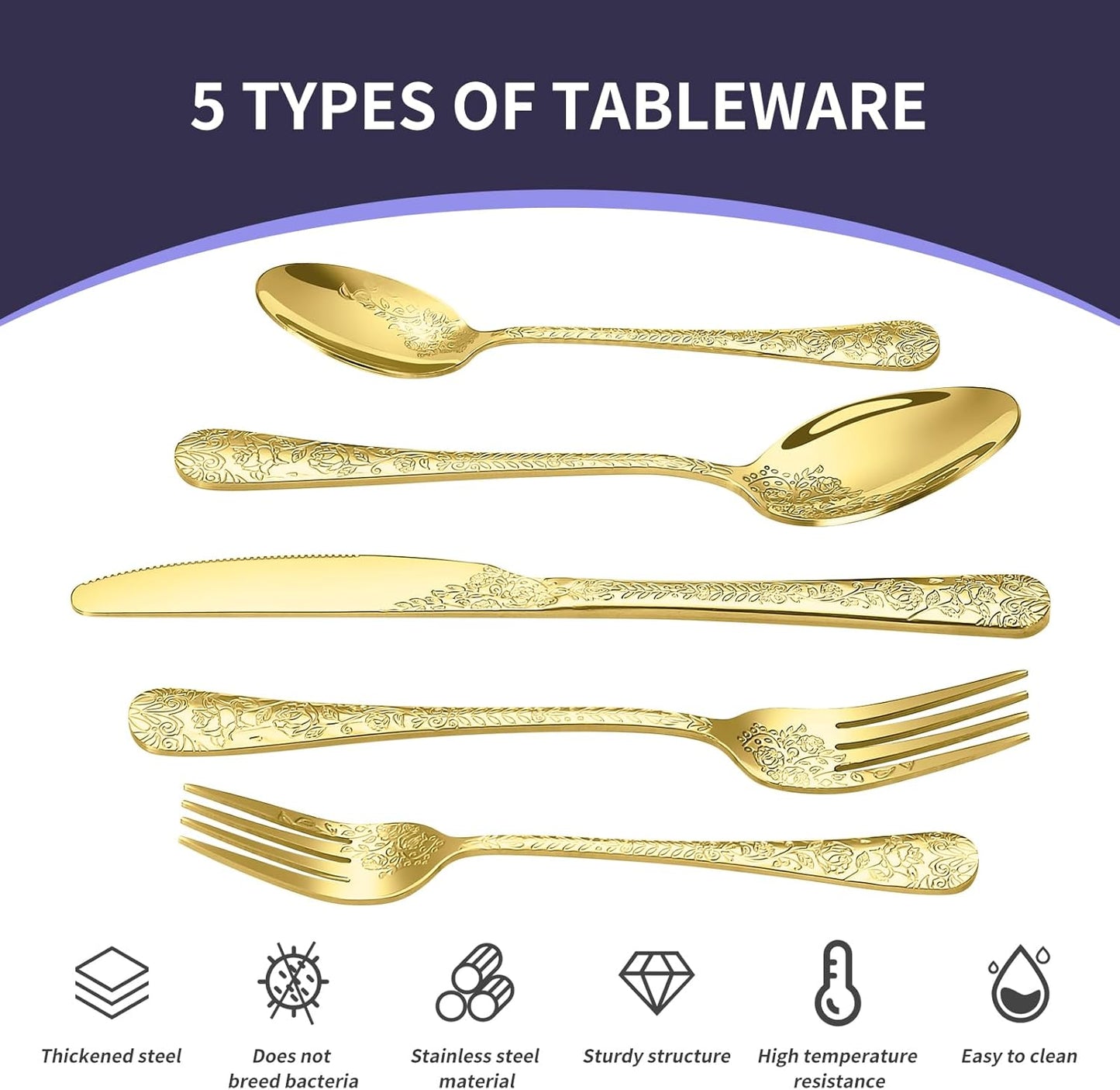 Floral 20 Pcs Gold Silverware Set for 4, Food Grade Stainless Steel Flatware Set with Rose Flower Embossed Design, Eating Utensils Sets Include Fork/Knife/Spoon, Reusable Cutlery Set, Dishwasher Safe