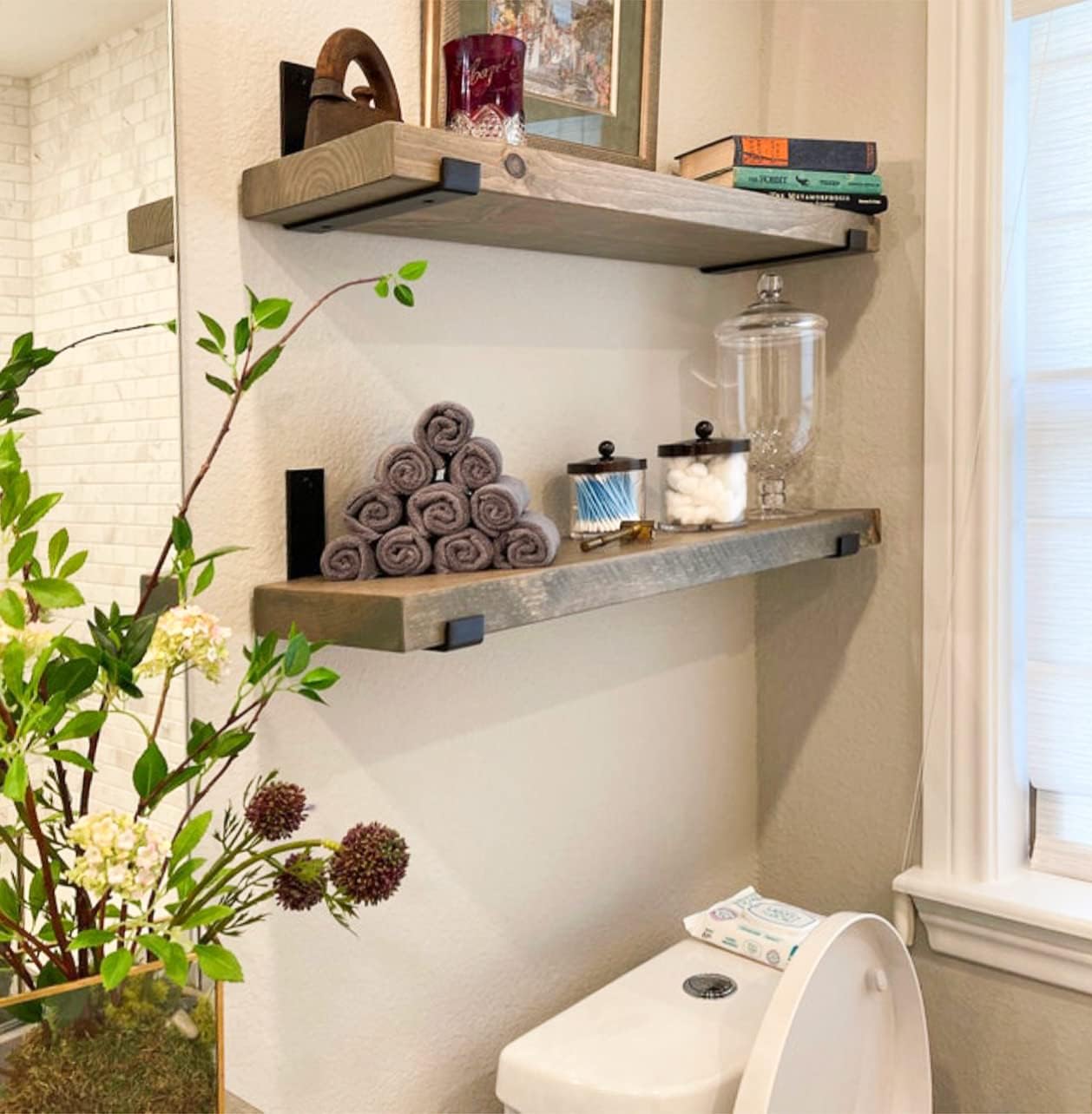 Rustic Shelves with J-Brackets Set of 2, Industrial Shelf, Kitchen Shelves, Solid Wood, Decorative Wall Storage, Heavy Duty, URBANDI (Grey, 12Wx6D)