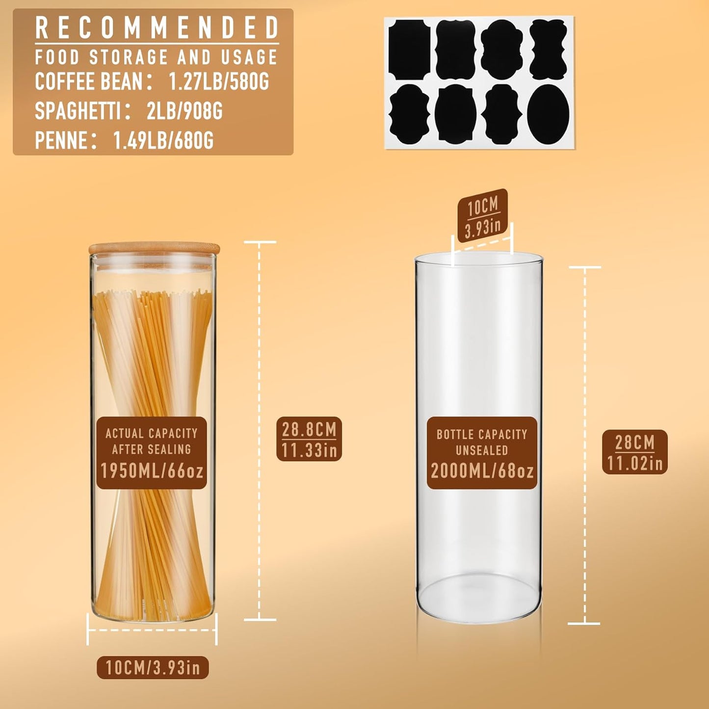 70oz Straight cylindrical Airtight Storage Jars with Bamboo Lid Set of 3 Storage Container Glass Jars, Kitchen Canister for Noodles, Pasta and Coffee beans (‎with Black Lable)