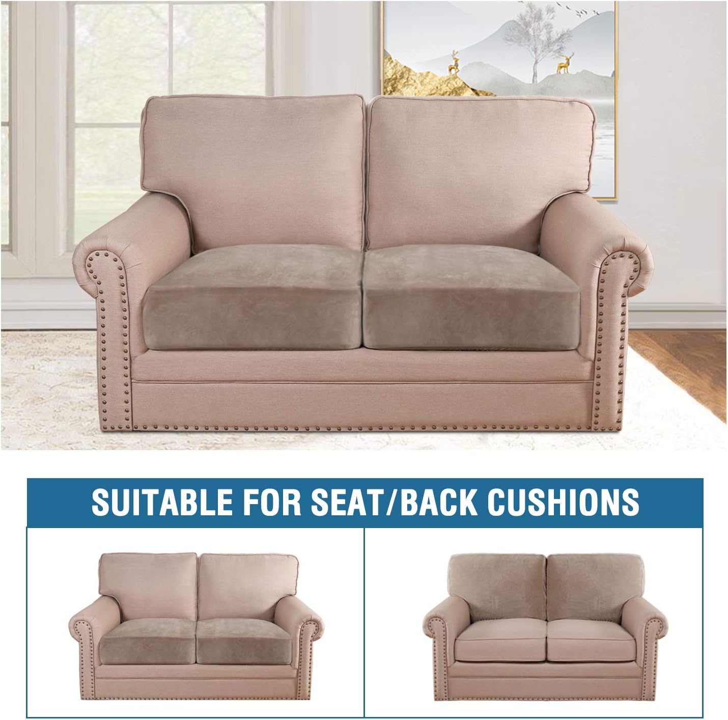 H.VERSAILTEX Velvet Stretch Couch Cushion Cover Plush Cushion Slipcover for Chair Loveseat Sofa Cushion Furniture Protector Seat Cushion Sofa Cover (2 Piece Medium Sofa Cushion Covers, Taupe)