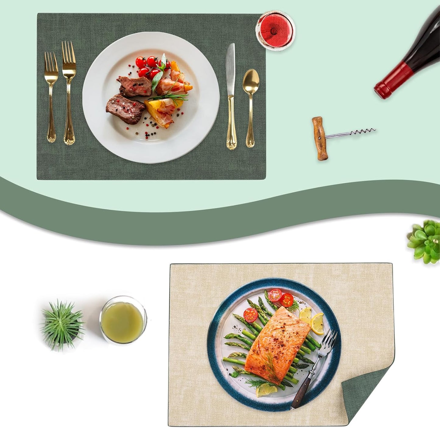 SUEH DESIGN Leather Placemats Set of 6 Reversible Table Mats Heat Resistant Waterproof No-Slip Place Mats for Dining Table Kitchen Parties, Dark Green and Beige