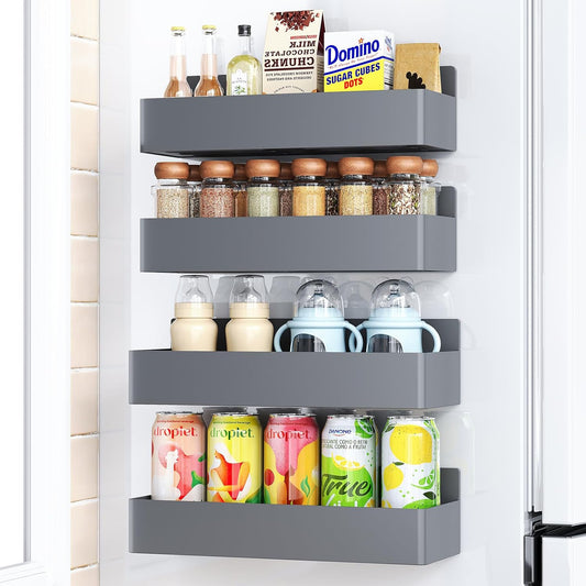 Magnetic Spice Rack for Refrigerator, Kitchen Organizer and Storage Shelf, Grey (4 Pack)…