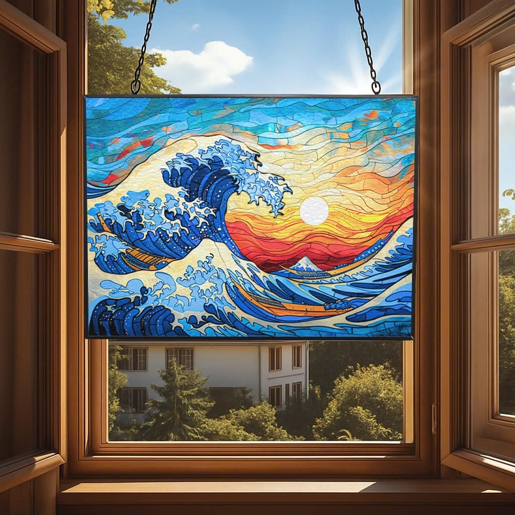 Rectangle Ocean Wave Suncatcher Stained Glass Window Hanging Handmade Stained Glass Suncatchers Metal Chain Outdoor Garden Decor Gift for Women Christmas Thanksgiving