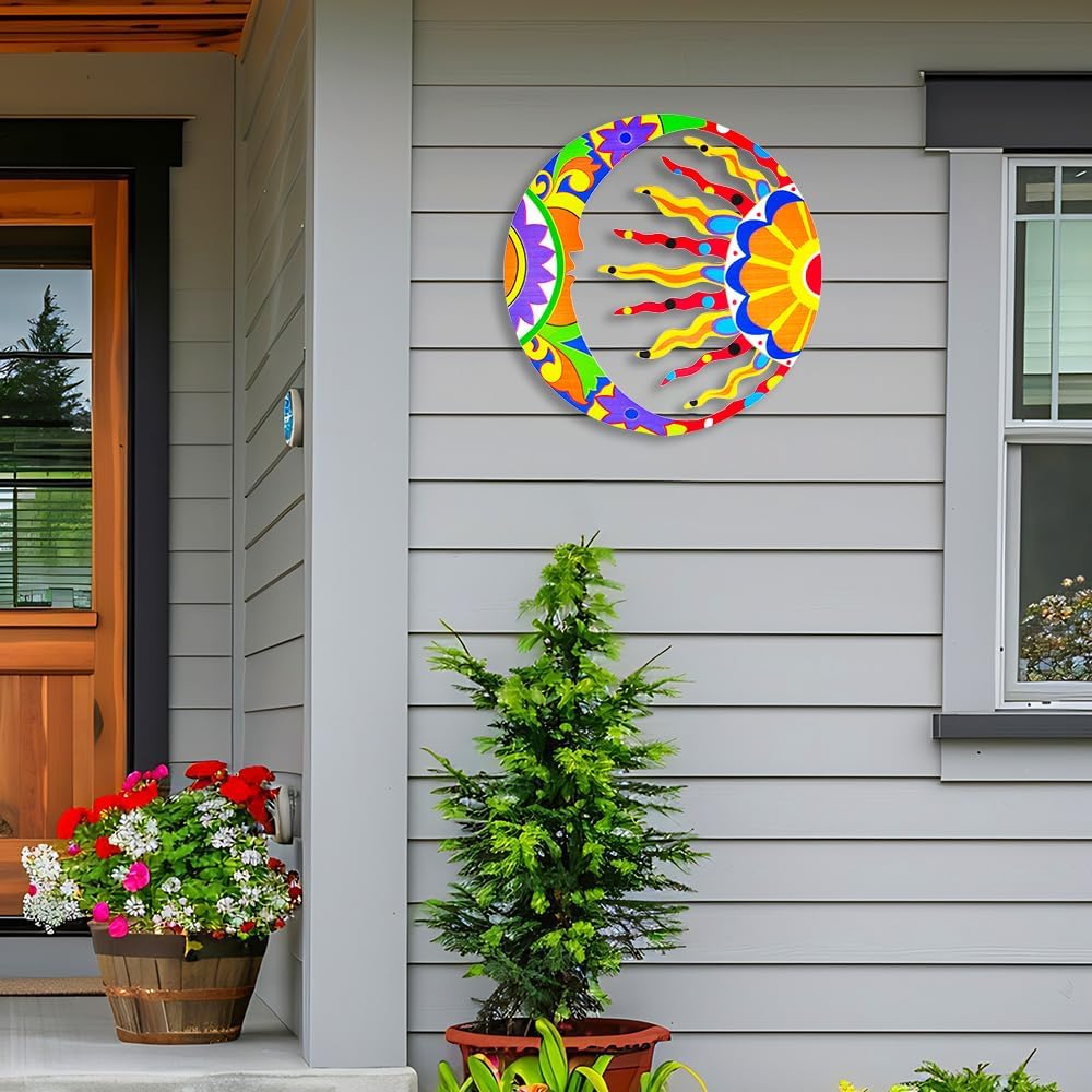 Akulgaci Metal Sun Wall Art Decor, Mexican Talavera Style Sunface Garden Outdoor Indoor Hanging Decorations for Yard Patio Fence Living Room Home Sun & Moon Art