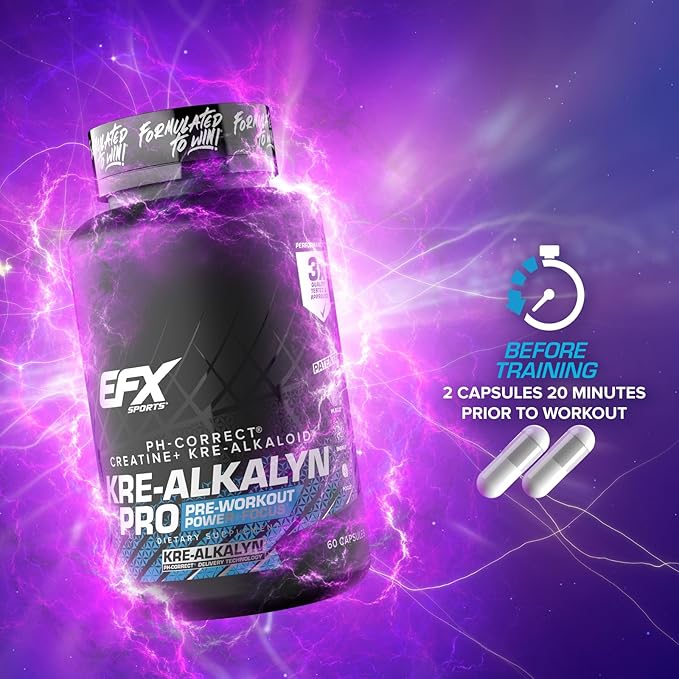 EFX Sports Kre-Alkalyn Pro | pH Correct Creatine Monohydrate Pill Supplement | Muscle Building Pre Workout for Men & Women | 30 Servings, 60 Capsules