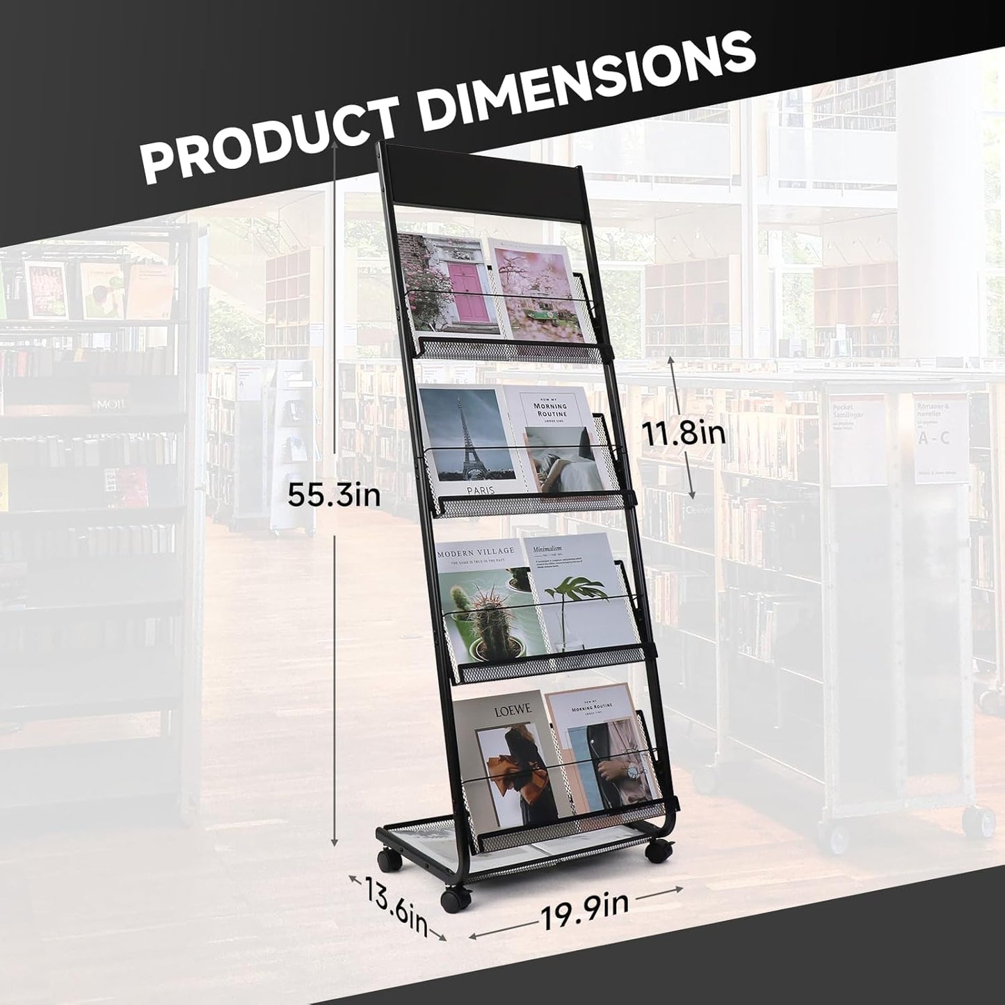 Floor-Standing Magazine Rack 4-Layer with Wheels, Brochure Display Stand for Exhibitions, Office, and Any Organization Requiring Information Display