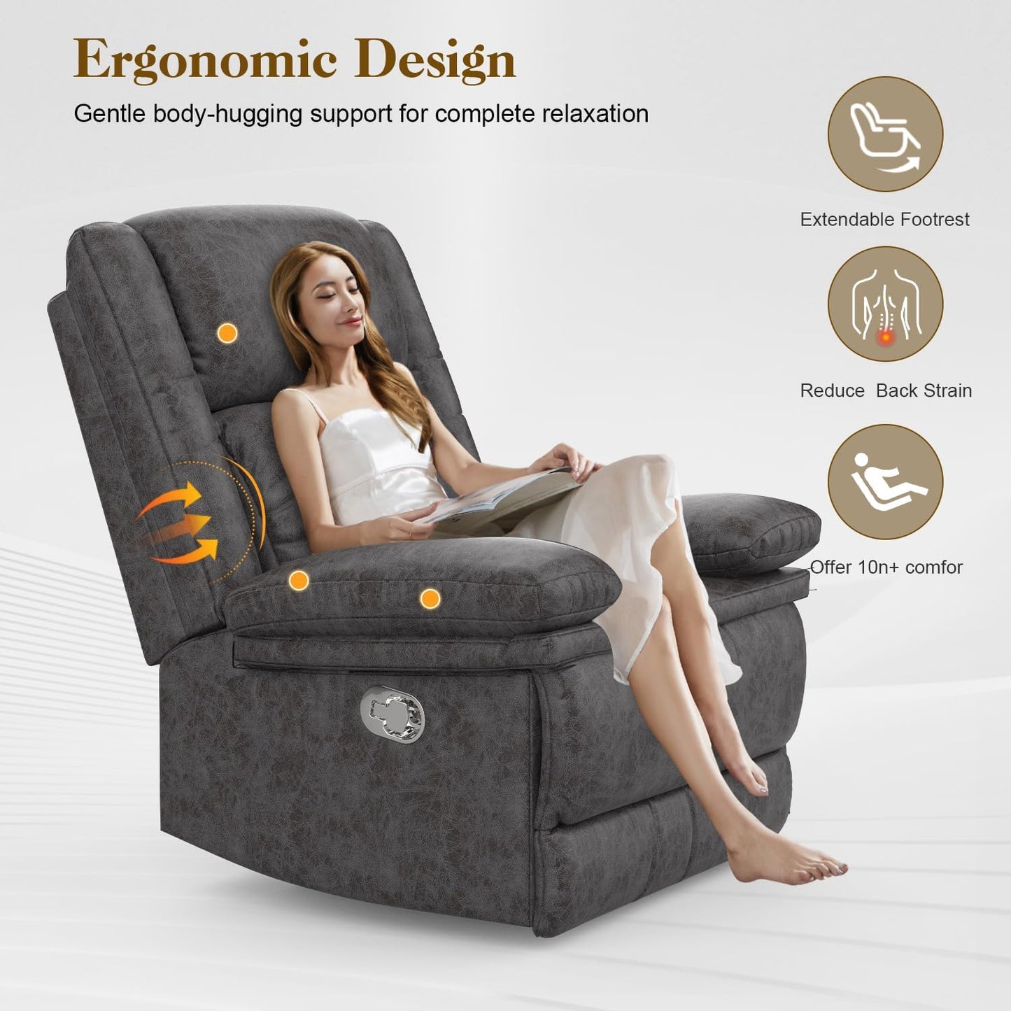 Recliner Chair for Adults, Oversized Manual Pull Tab Reclining Chair, 2-Tier Cushions, Minimalist Style Single Sofa for Living Room, RV (Polished Microfiber)