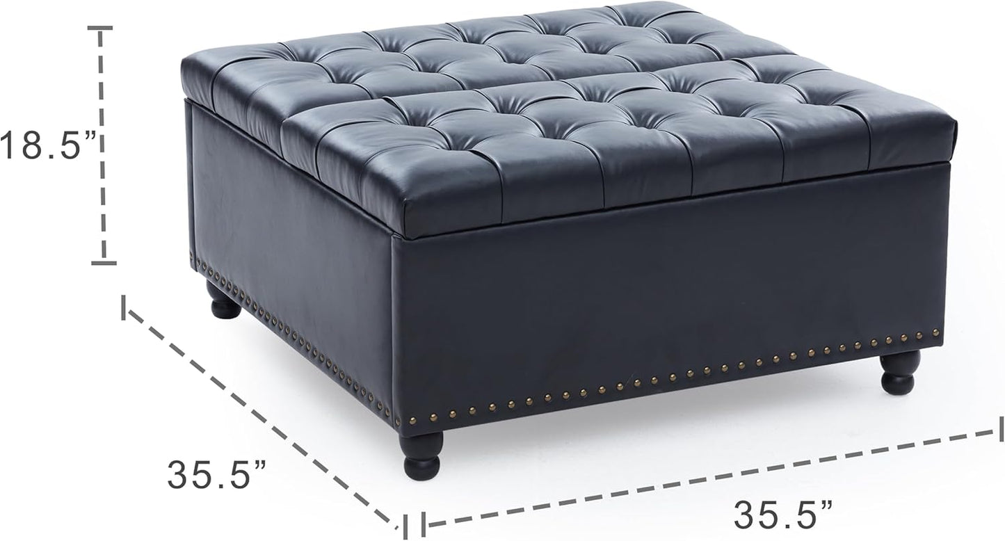 Tbfit Large Square Storage Ottoman Bench, Tufted Upholstered Coffee Table Ottomans with Lift Top & Solid Wood Legs, Oversized Storage Ottomans Toy Box for Living Room (Black)