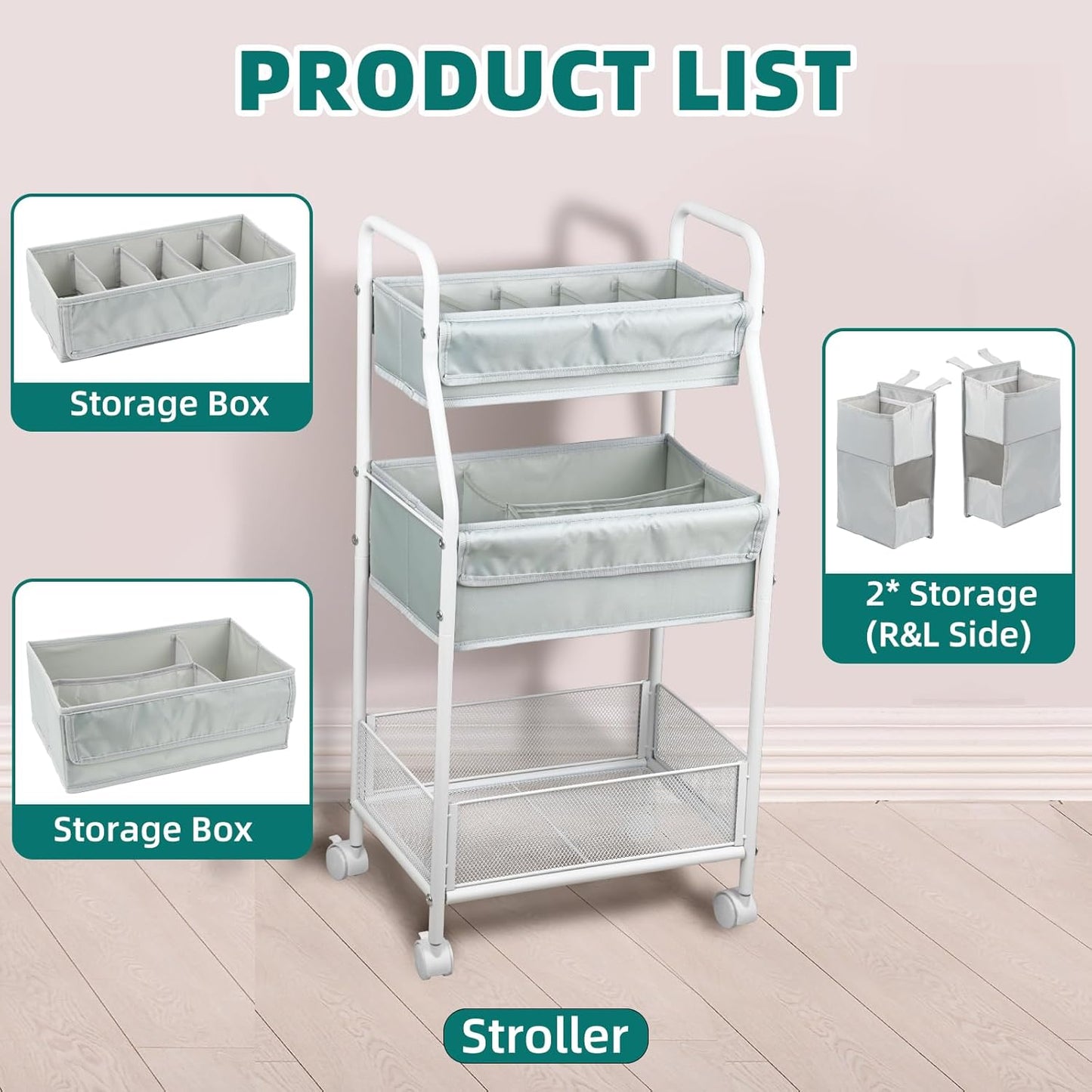 Moteph Rolling Utility Cart with Side Storage - Diaper Organizer, Nursery Essentials, and Craft Organizer (with_Side_Storage)
