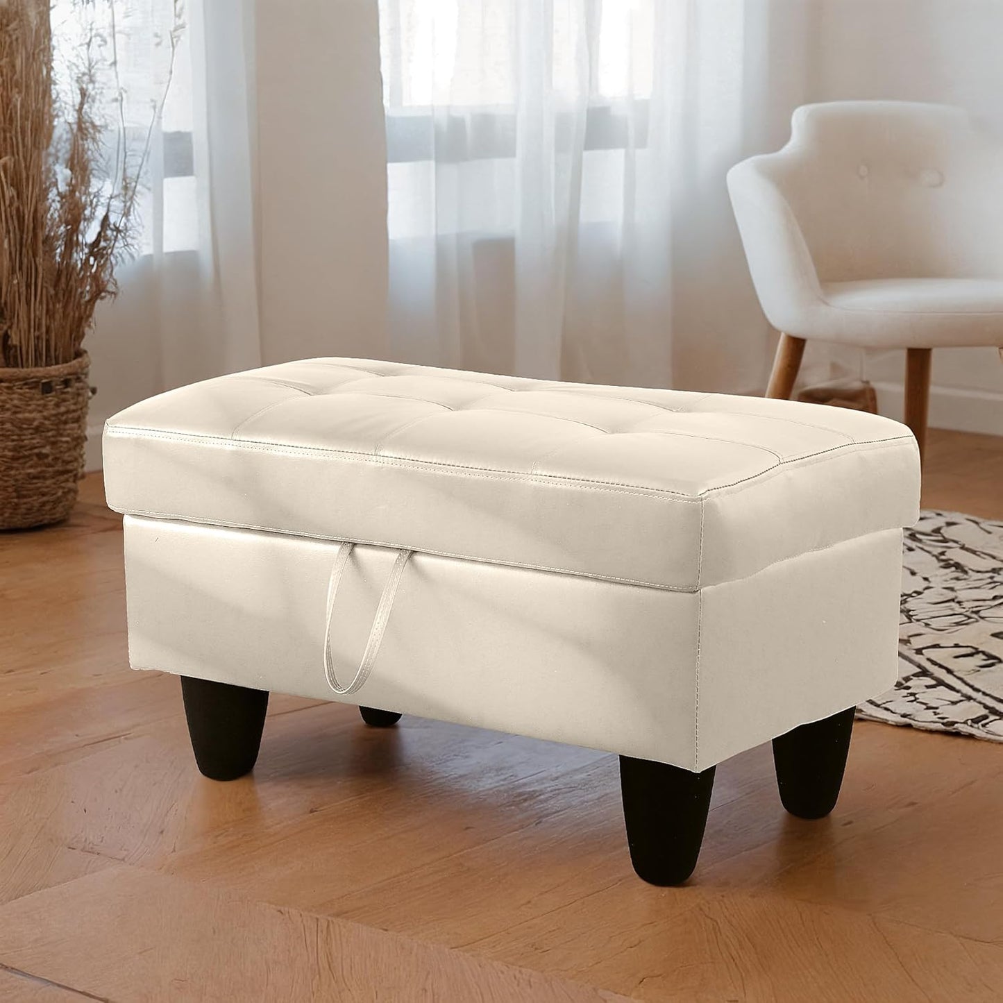 Ottoman Rectangular Storage Ottoman Bench, Faux Leather Footrest, Coffee Table, Stool Footstool with Hinged Lid for Living Room, Bedroom, Entryway, Champagne, 35"x23.5"x17.5"