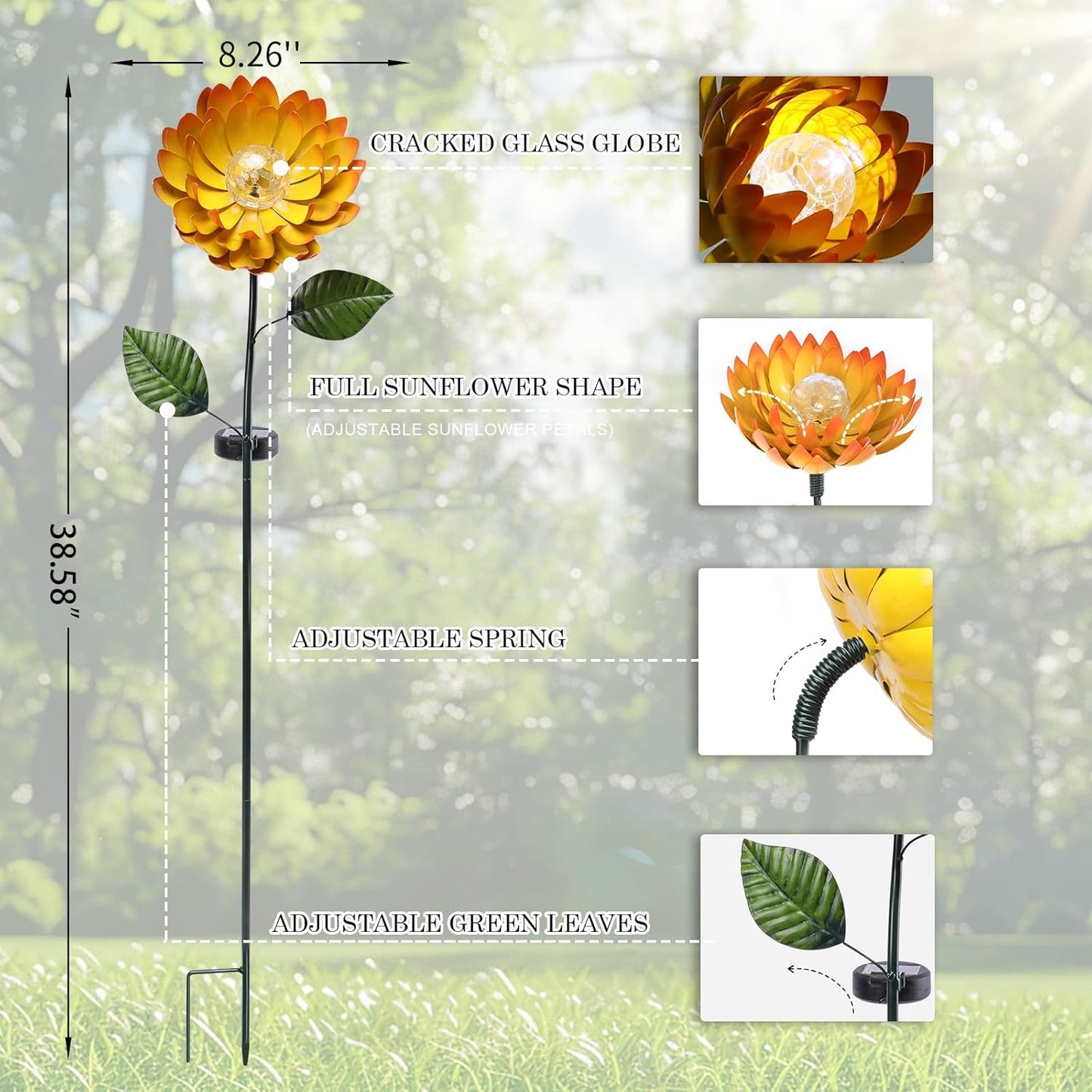 VCUTEKA Solar Garden Lights Metal Flower Decor Colorful Yellow Flowers Solar Pathway Light with LED Cracked Crystal Ball Outdoor Decorative Stake for Patio Yard Lawn