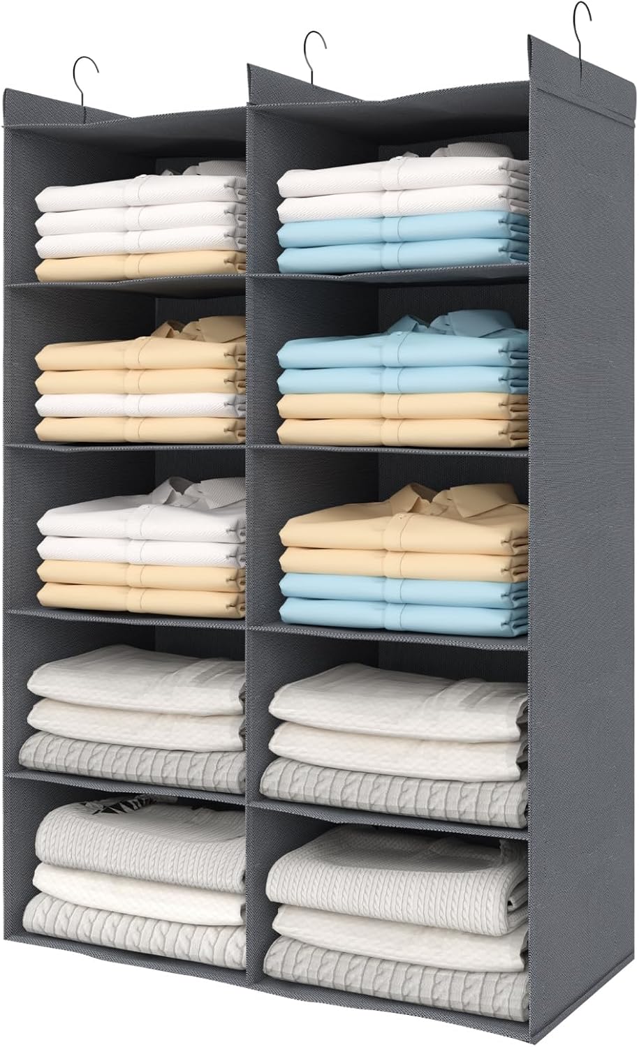 5 Tier Shelf Hanging Closet Organizer, Dual-Row 10 Pocket Cloth Hanging Shelf with 3 Sturdy Hooks for Storage, Foldable (Grey)