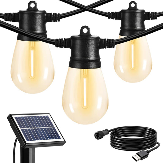SUNTHIN 24ft Solar String Lights, USB Rechargeable Solar Outdoor Lights with Waterproof & Shatterproof LED Bulbs for Patio, Porch, Garden, Deck, Bistro, Cafe, Camping