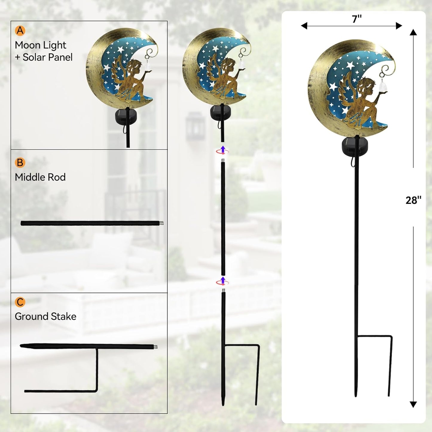 Solar Angel Moon Garden Stake Light – Outdoor Metal Yard Decoration with Crystal Pendant, Waterproof LED Light for Patio, Pathway, Lawn – Rustic Gold & Blue