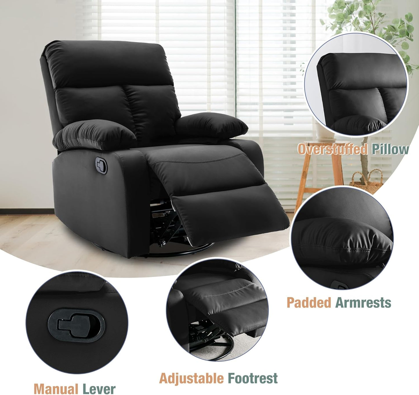 Swivel Rocker Recliner, Rocking Recliners Chair for Small Spaces, Small Rocker Recliner Chair, Nursery Rocking Chairs for Living Room, RV, Nursery, Black