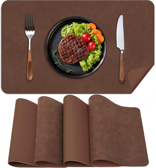 Faux Leather Placemats, Set of 4, 12''×17' Textures on Both Sides, Heat-Resistant, Waterproof and Oil-Proof, Reversible Place Mats for Kitchen, Dining Table, Outdoor - Brown