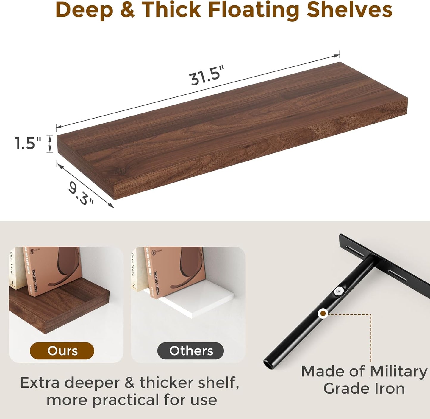 Rustic Wood Floating Shelves 32 Inch Long, 9 Inch Deep Wall Shelves for Home Decor, 32 x 9 Floating Shelf Wall Mounted Set of 2, Deep Floating Shelves for Kitchen, Bedroom, Living Room, Walnut Color