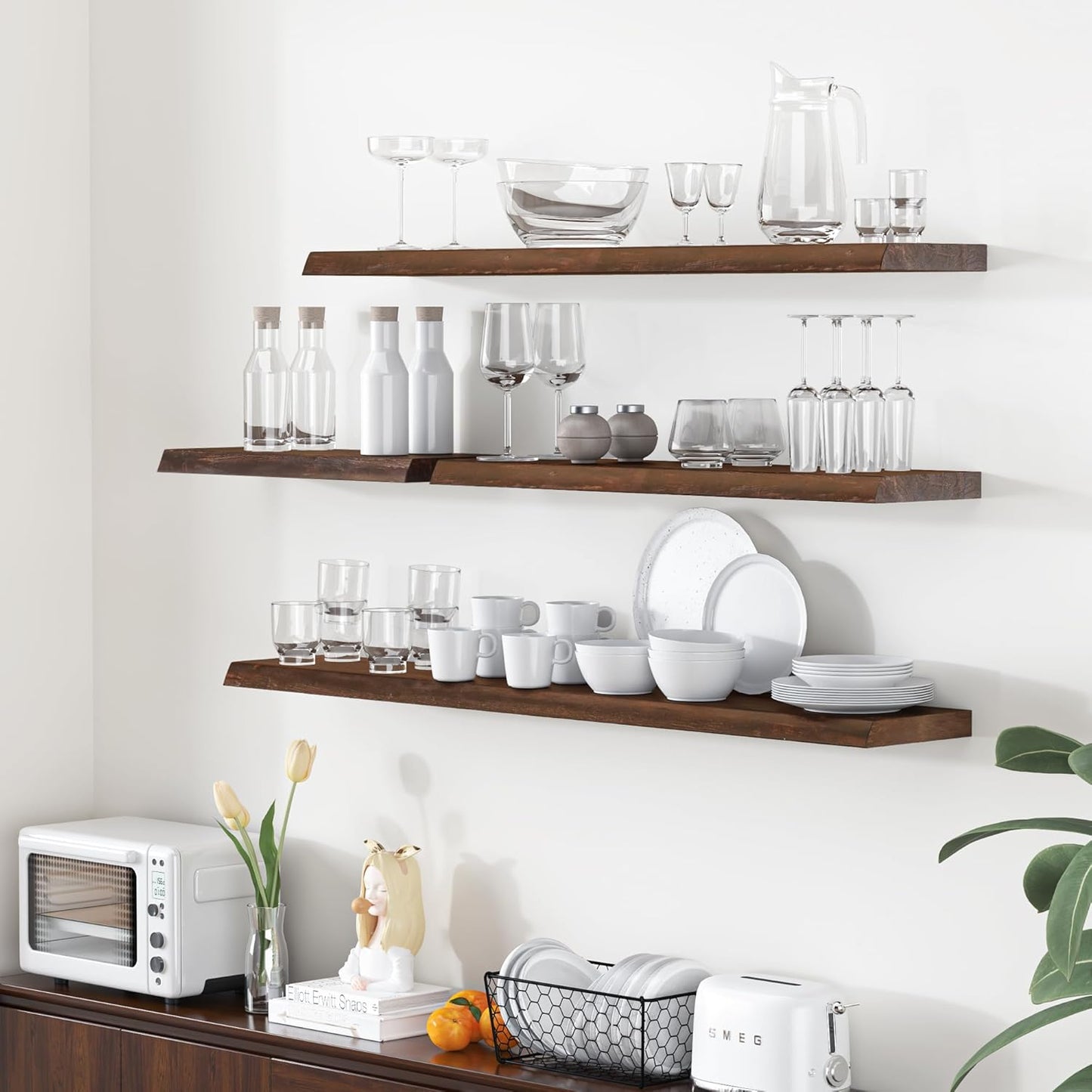 Floating Shelves for Wall, 55"x9.3" Rustic Solid Live-Edge Elm Wood Wall Shelves, Heavy-Duty Floating Shelves with Invisible Brackets, Set of 2 for Living Room, Bedroom, and Kitchen, Walnut Finish