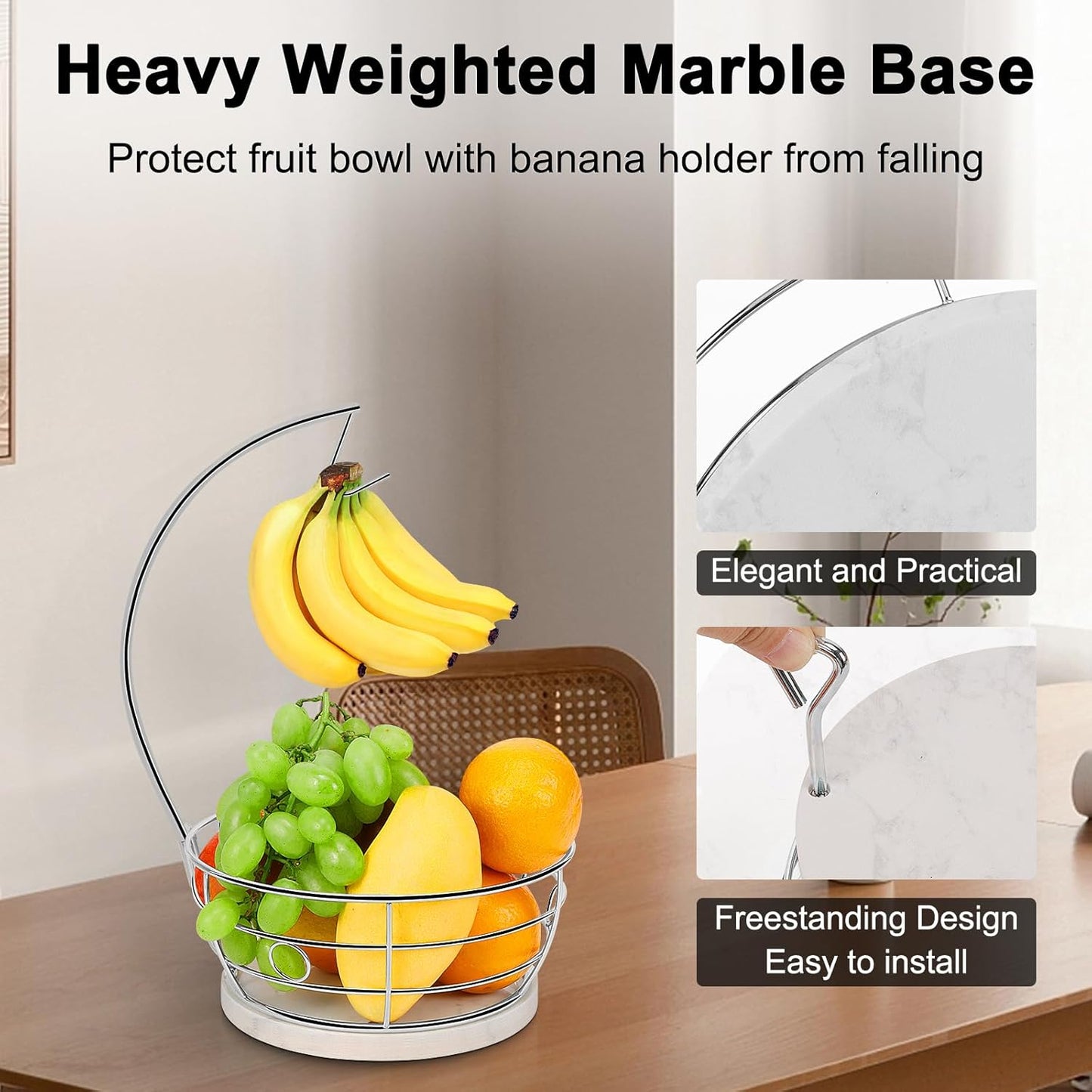 Livabber Countertop Fruit Basket Bowl with Banana Hanger, Modern Standing Fruit Vegetable Bowl Storage, with Banana Tree Holder for Kitchen Dinning Table (Round Marble, Chrome)