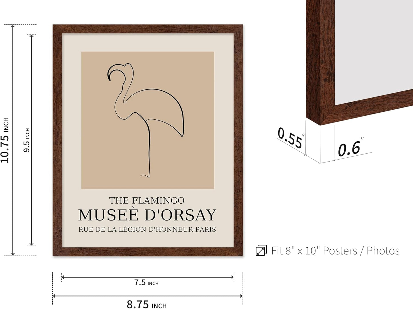 Poster Master Vintage Poster - Retro Minimalist Print - Gift for Artist, Housewarming - Flamingo, Line Drawing, Sketch, Abstract - Wall Decor for Living Room, Bedroom, 8x10 Brown Framed