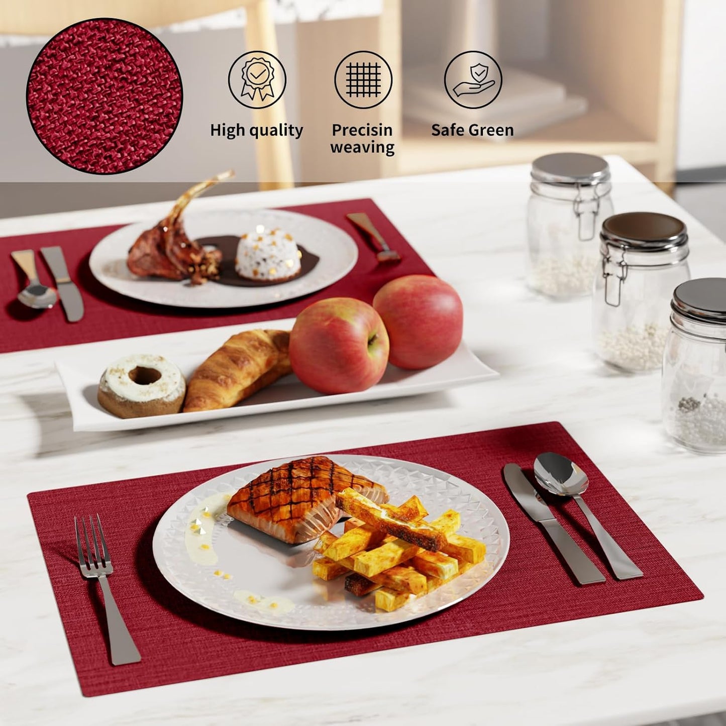 Cloth Placemats, Set of 4 Heat-Resistant Cotton Linen Blend Double Layered Machine Washable Place Mats, Wrinkle Free Thick Fabric Dining Table Mats for Indoors & Outdoors (Burgundy, 4)
