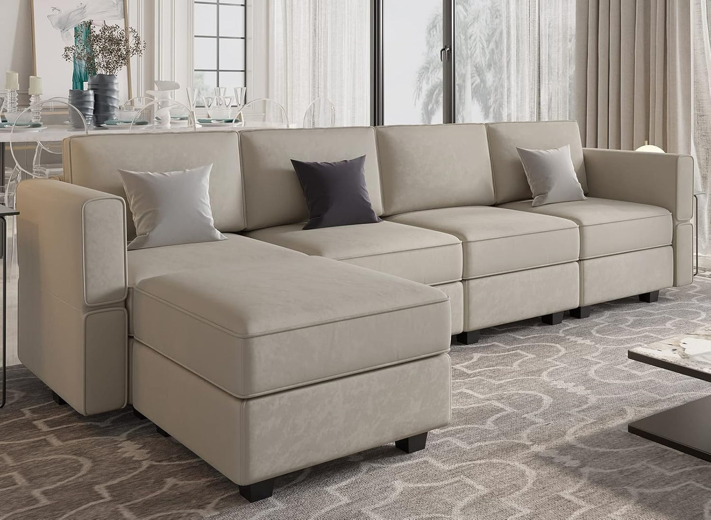 Belffin Modular Sectional Sofa Couch with Reversible Chaise Velvet L Shaped Couch with Storage 4-seat Convertible Sofa Grey…