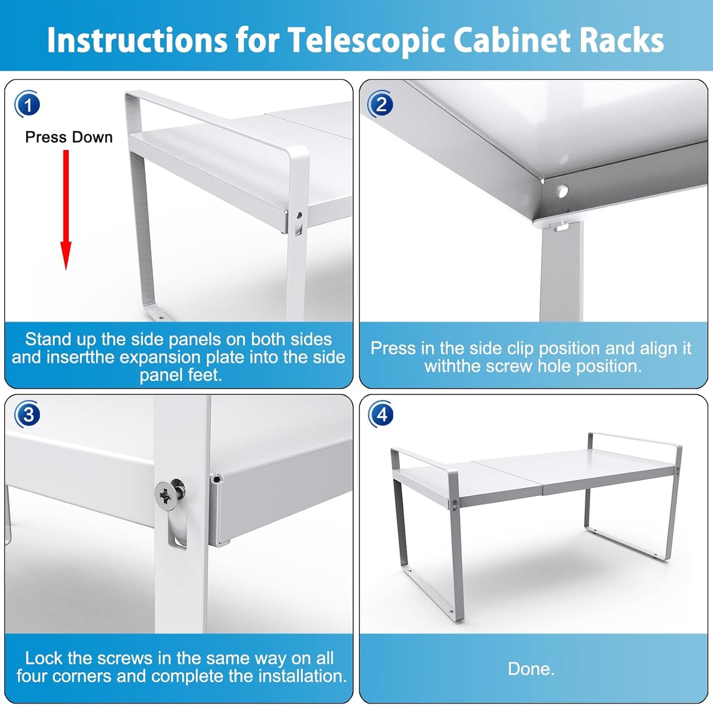 9'' Wide Expandable Cabinet Shelf Organizer Rack Adjustable Length 14''-26'' Pantry Shelf Spice Rack Heavy Duty Nonslip Kitchen Counter Storage Shelves Pantry Cupboard Under Sink Countertop White