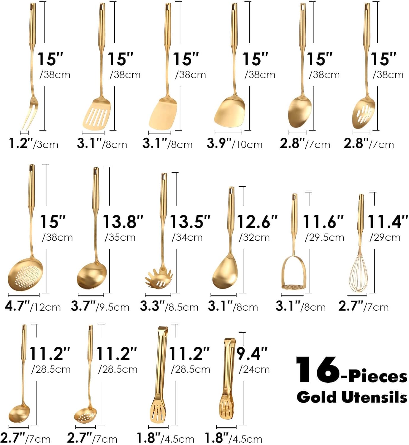Gold Cooking Utensils Set - 18/10 Stainless Steel Large and Small Spoons Set, 16 PCS All Metal Kitchen Tools, Serving Utensils - Whisk, Masher, Fork, Tongs, Spatula, Ladle, Skimmer, Turner, Pasta