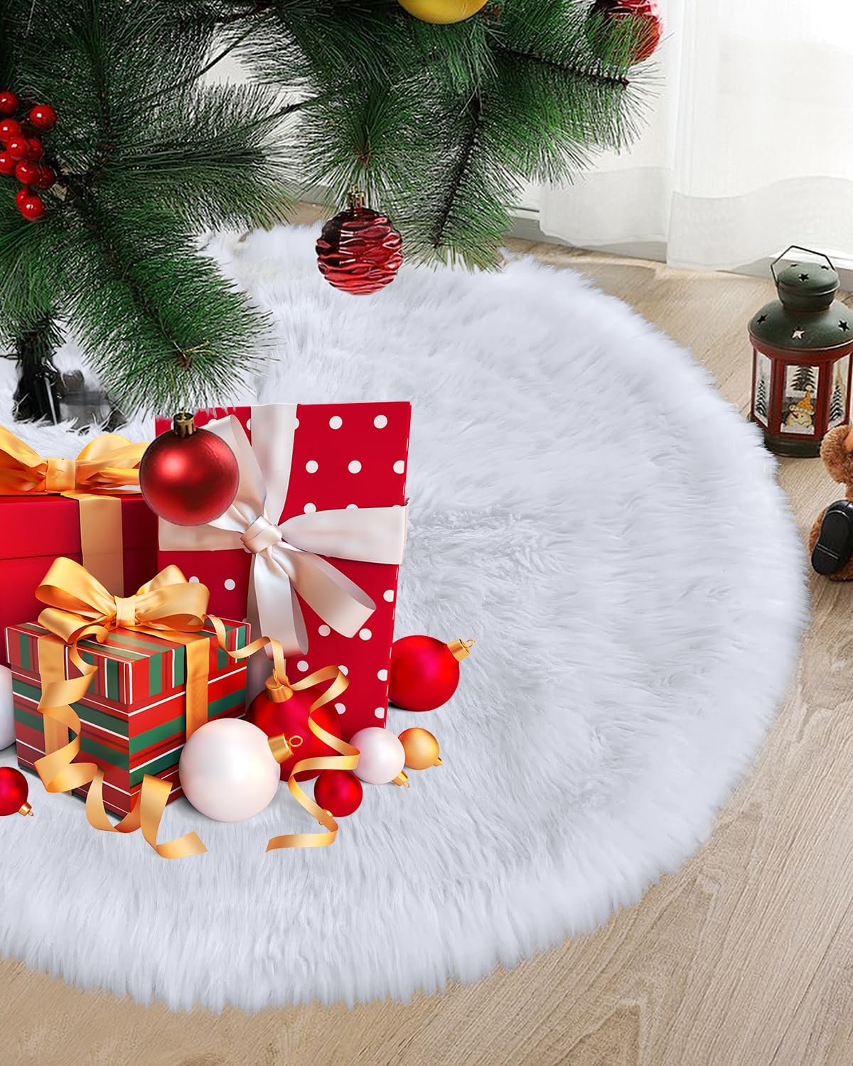 COOLWUFAN 60 Inches Christmas Tree Skirt for Xmas Tree Holiday Party Decorations White Plush (White)