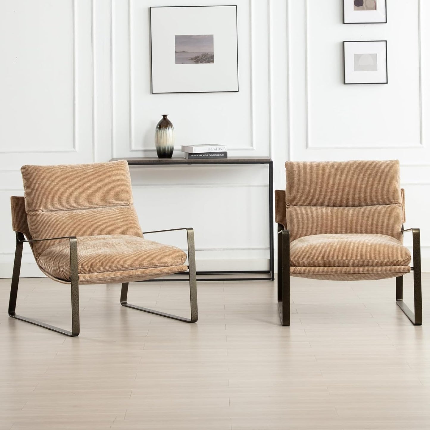 DUOMAY Mid-Century Accent Chairs Armchair Set of 2, Comfy Chenille Leisure Chairs Lazy Chairs with Brozen Metal Leg for Living Room Bedroom Office Apartment, Khaki